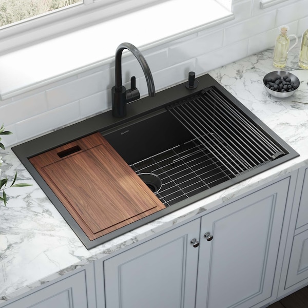 Ruvati 33 inch Gunmetal Black Stainless Steel Workstation Drop-in Topmount Kitchen Sink Single Bowl RVH5003BL - main